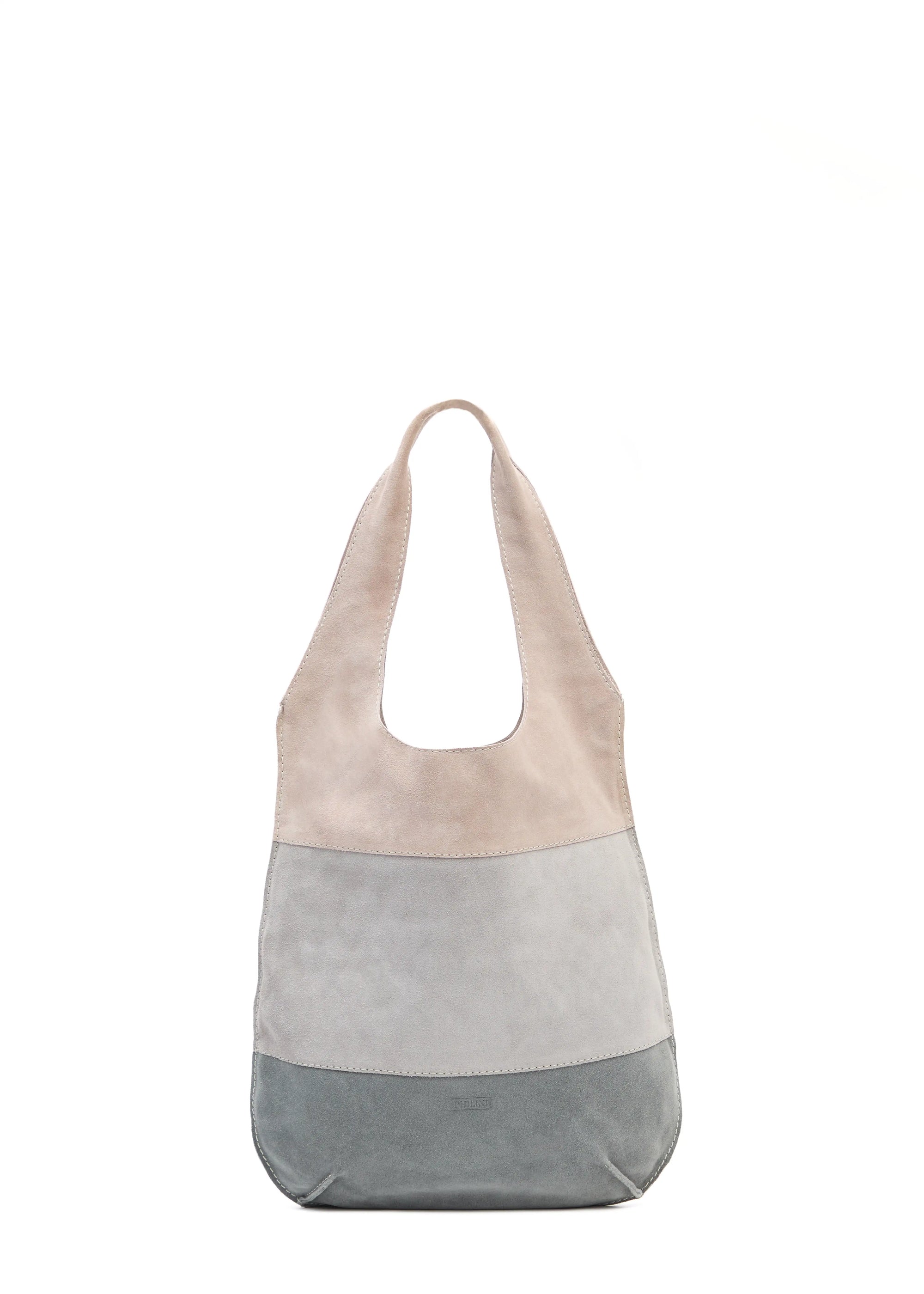 Front view of the Philini Semfira Hobo Bag in grey suede leather, showcasing triple-toned straps, and integrated top handles with a stamped logo in front. Soft suede hobo handbag, handcrafted for everyday  use