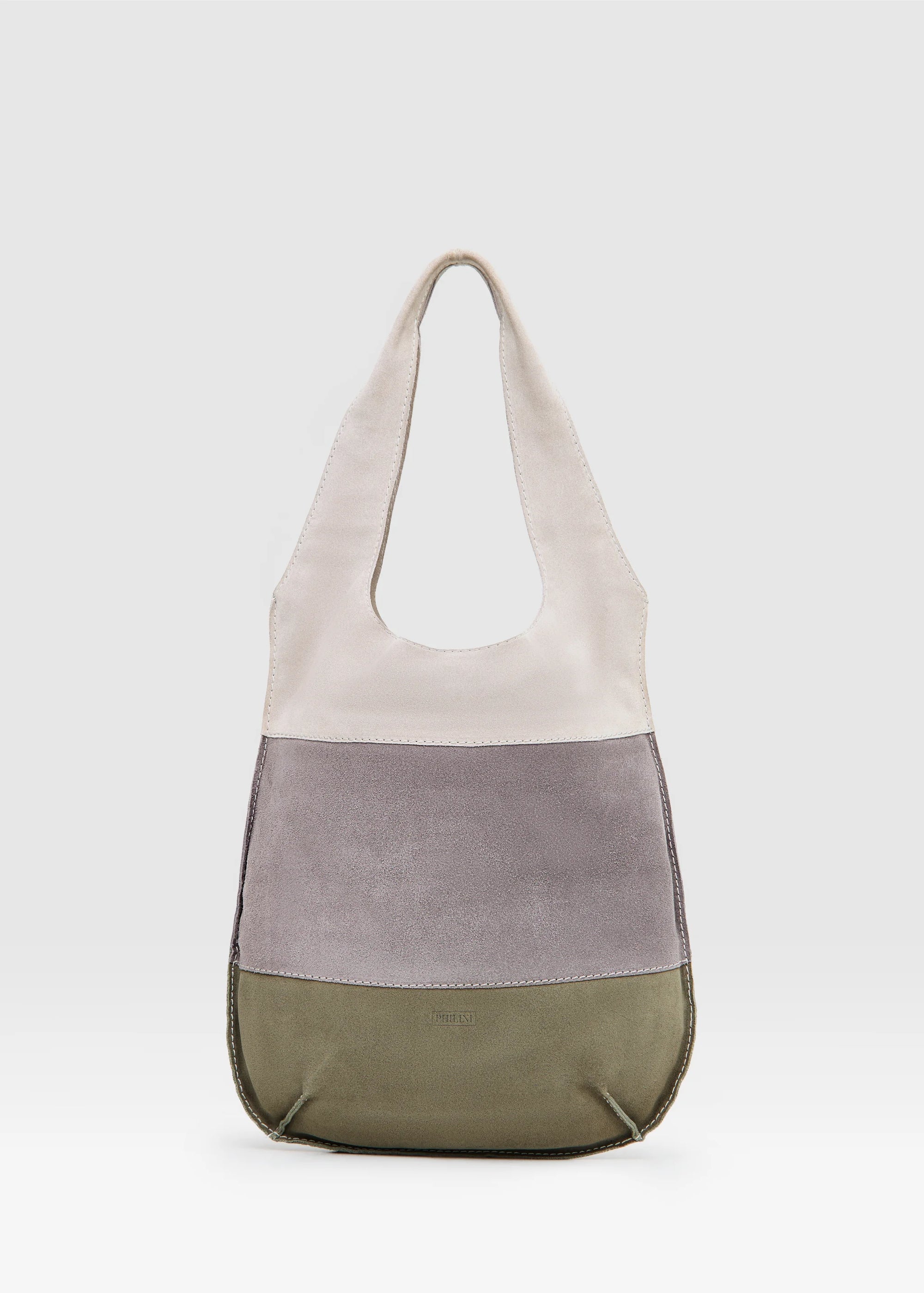 Front view of the Philini Rose Hobo Bag Semfira in soft suede leather, featuring triple-tone straps, integrated top handles, and subtle logo detailing. Elegant suede hobo bag