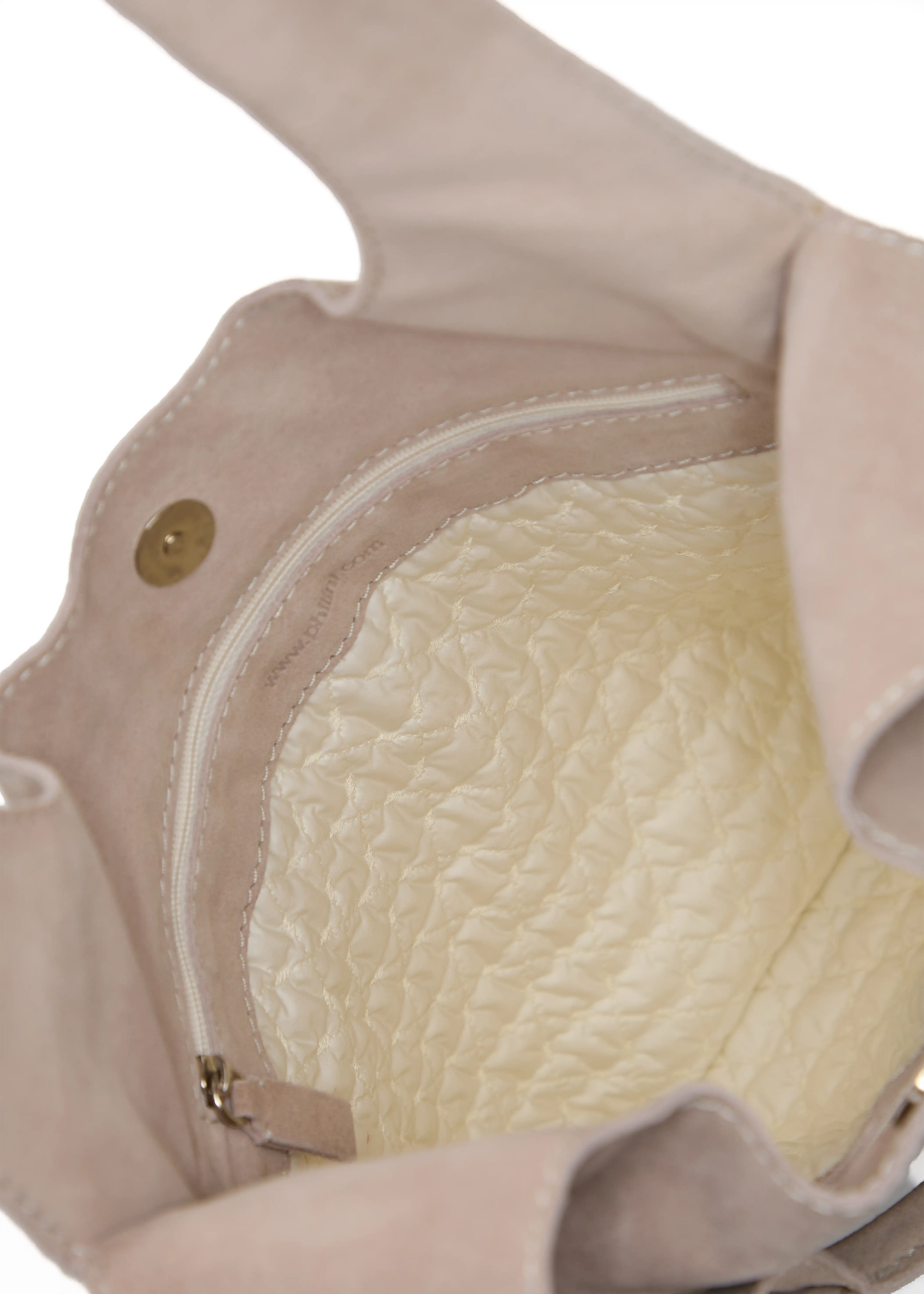 Inside view of the Philini Rose Hobo Bag Semfira in rose suede, with stitched light lining, two deep zip compartments, and a magnetic snap closure. Functional designer suede hobo bag