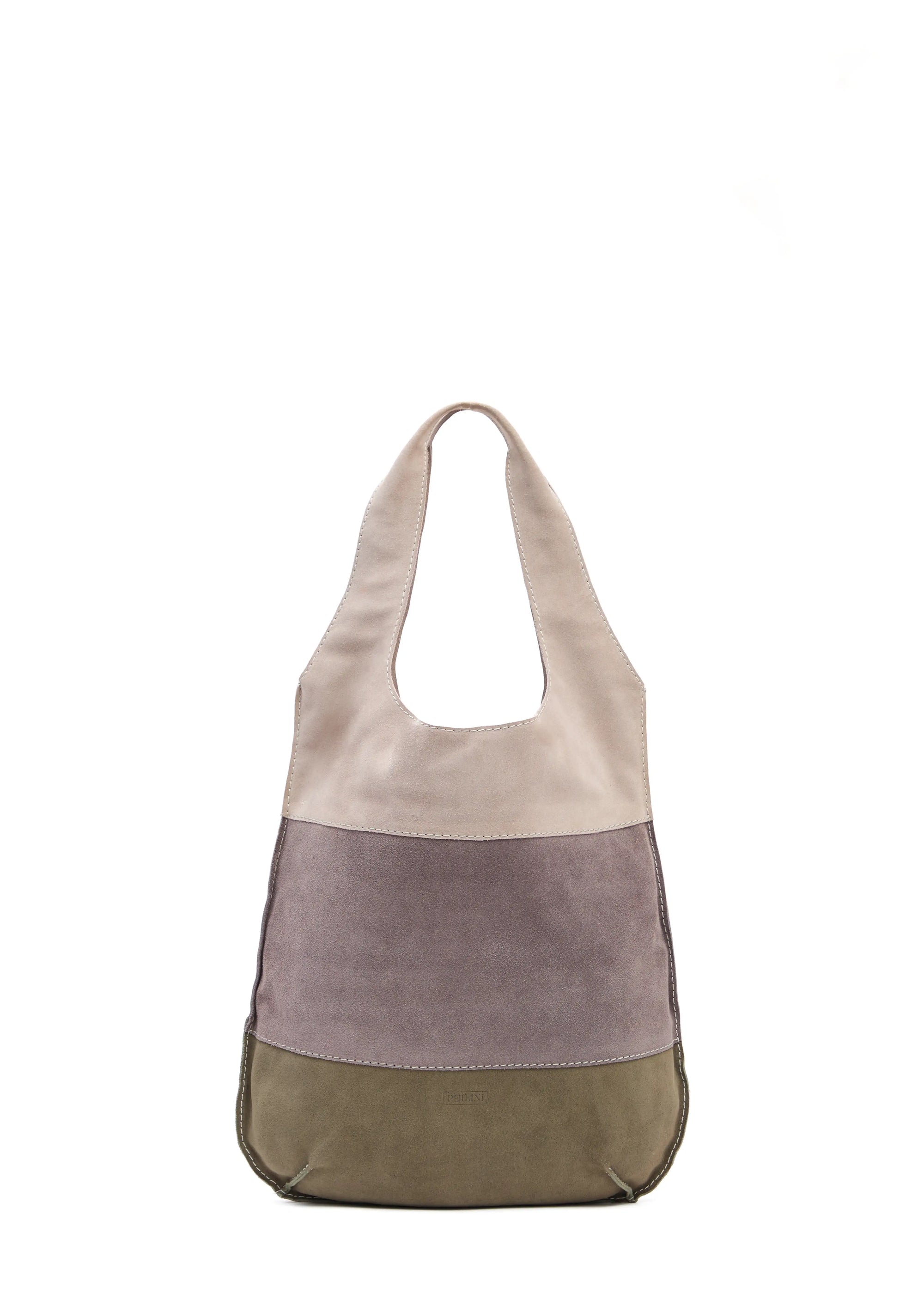 Front view of the Philini Rose Hobo Bag Semfira in soft suede leather, featuring triple-tone straps, integrated top handles, and subtle logo detailing. Elegant suede hobo bag