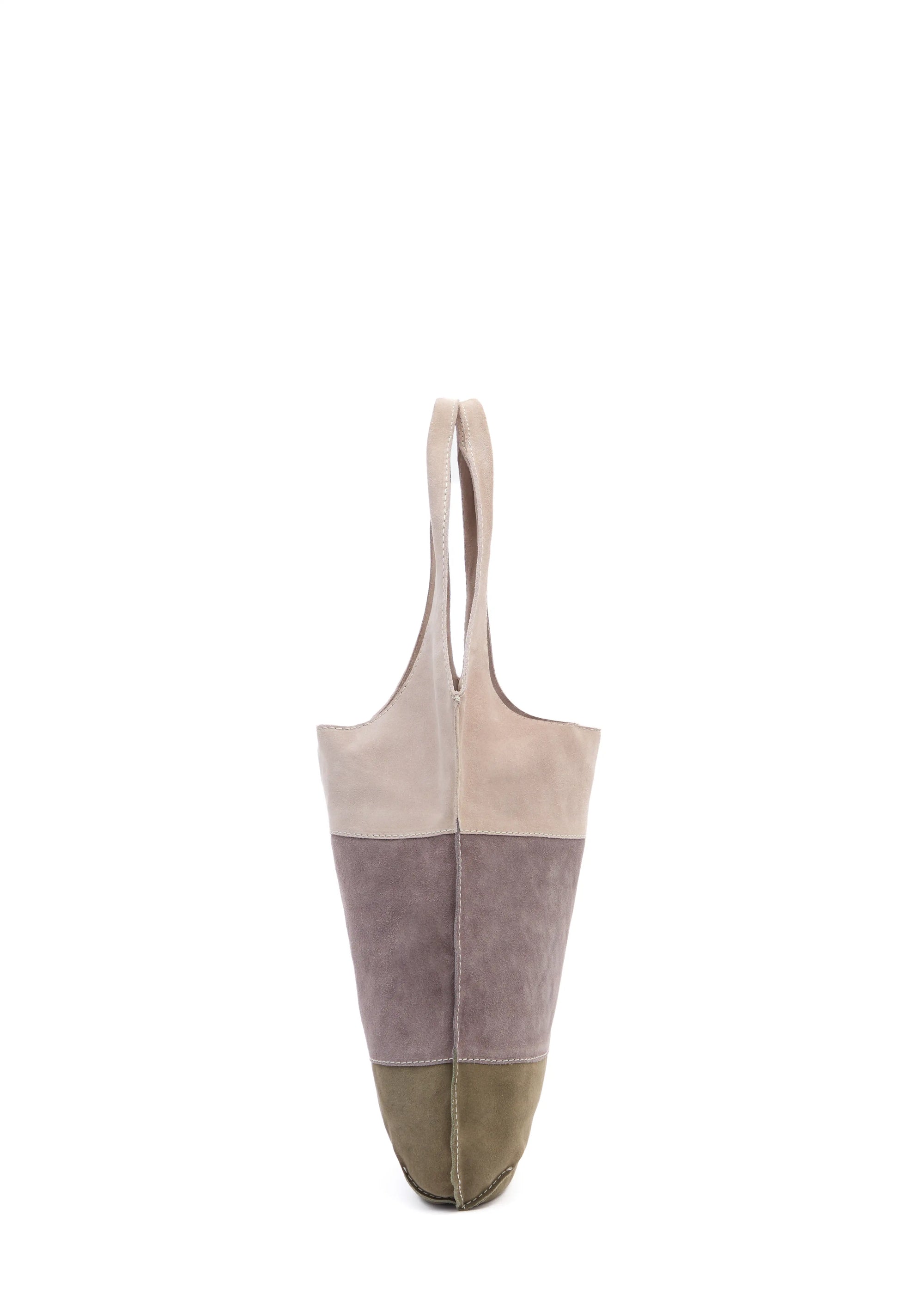 Side view of the Philini Rose Hobo Bag Semfira in suede leather, showing delicate three-color straps, rounded shape, and hand-stitched accent. Conscious slow fashion accessory