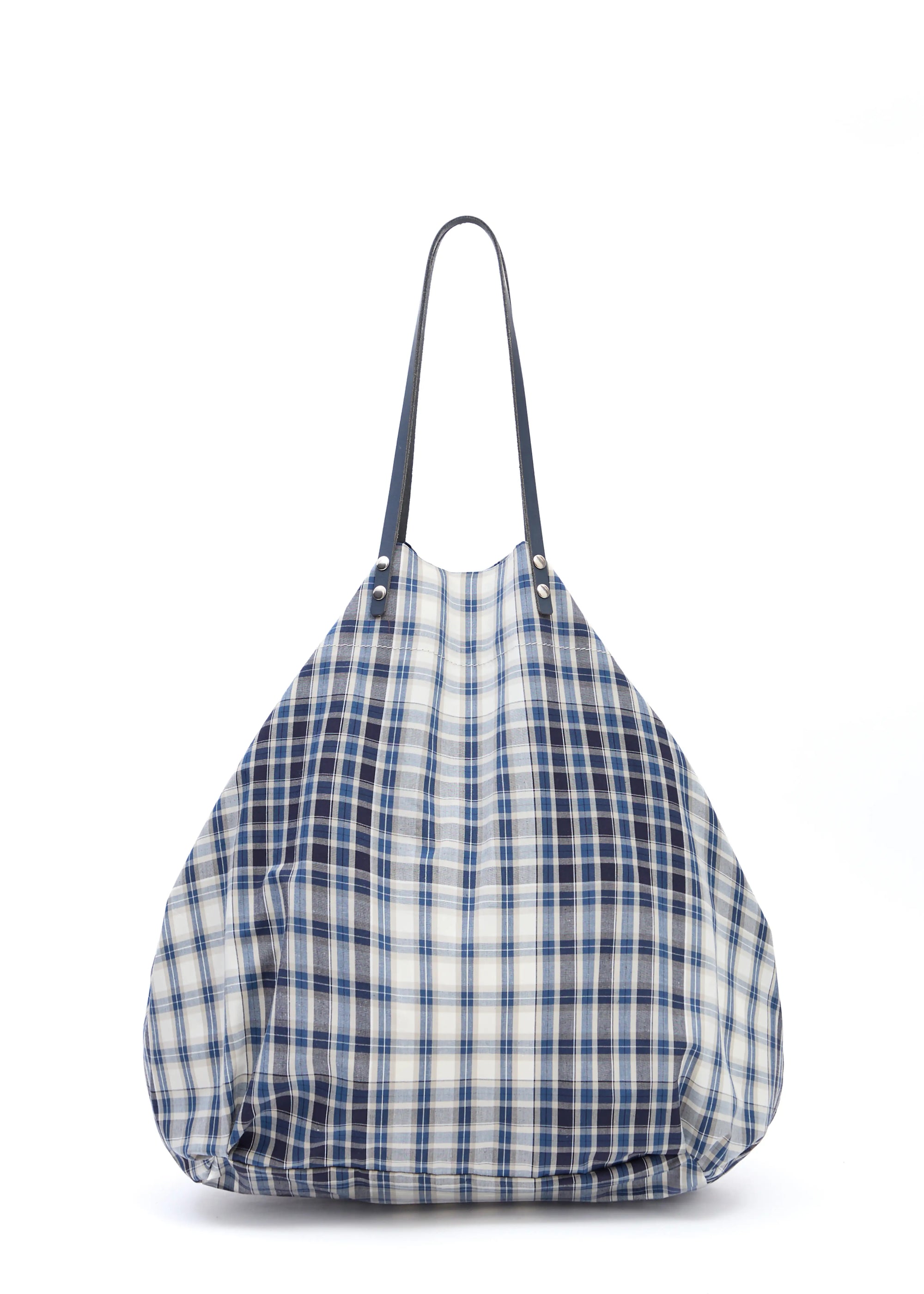Back view of the Philini Blue Shopper in checkered cotton, featuring long calf leather handles with silver hardware and a top button closure. Chic handcrafted shopper for daily wear