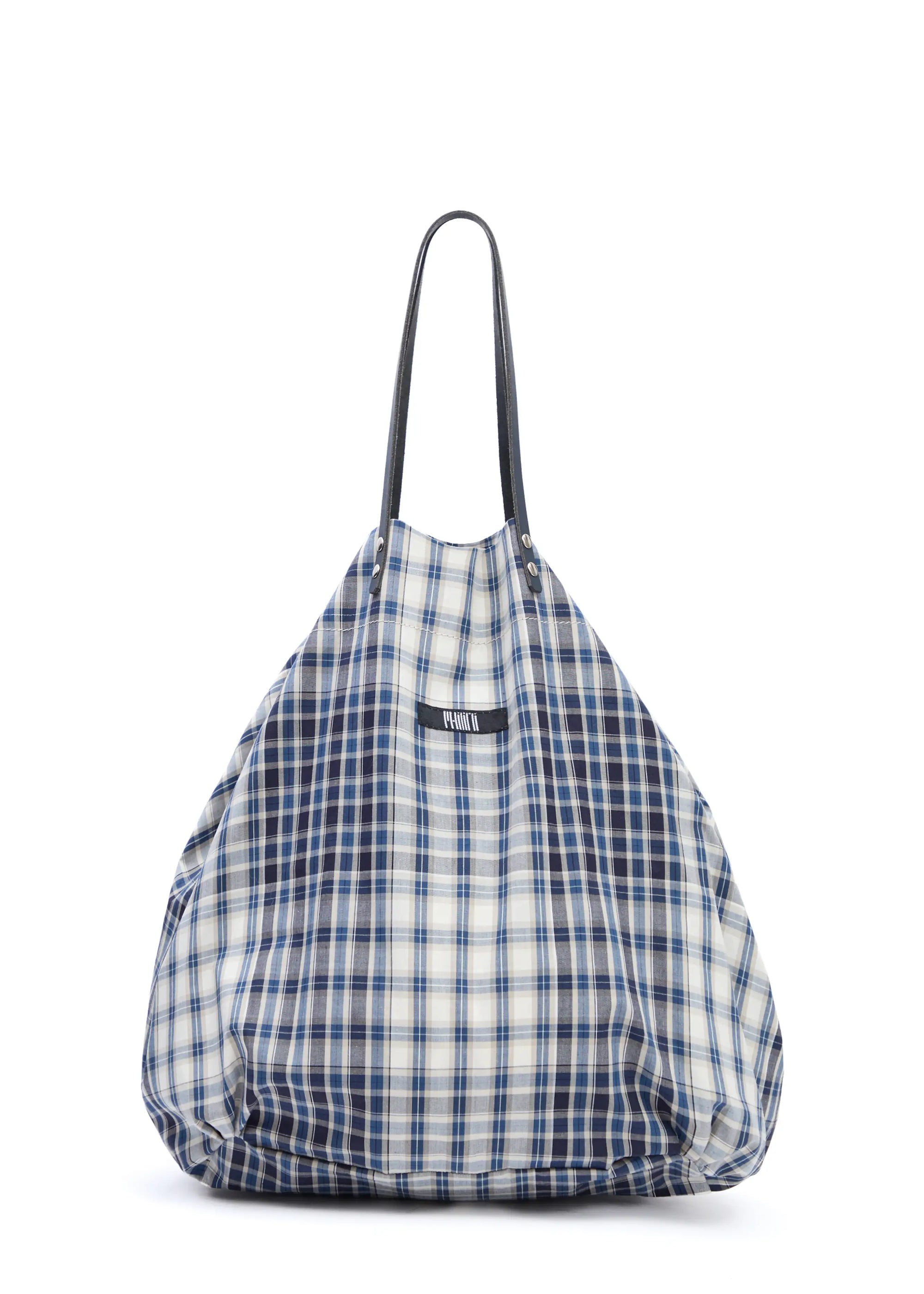Front view of the Philini Blue Checkered Shopper in cotton with calf leather handles and top button closure