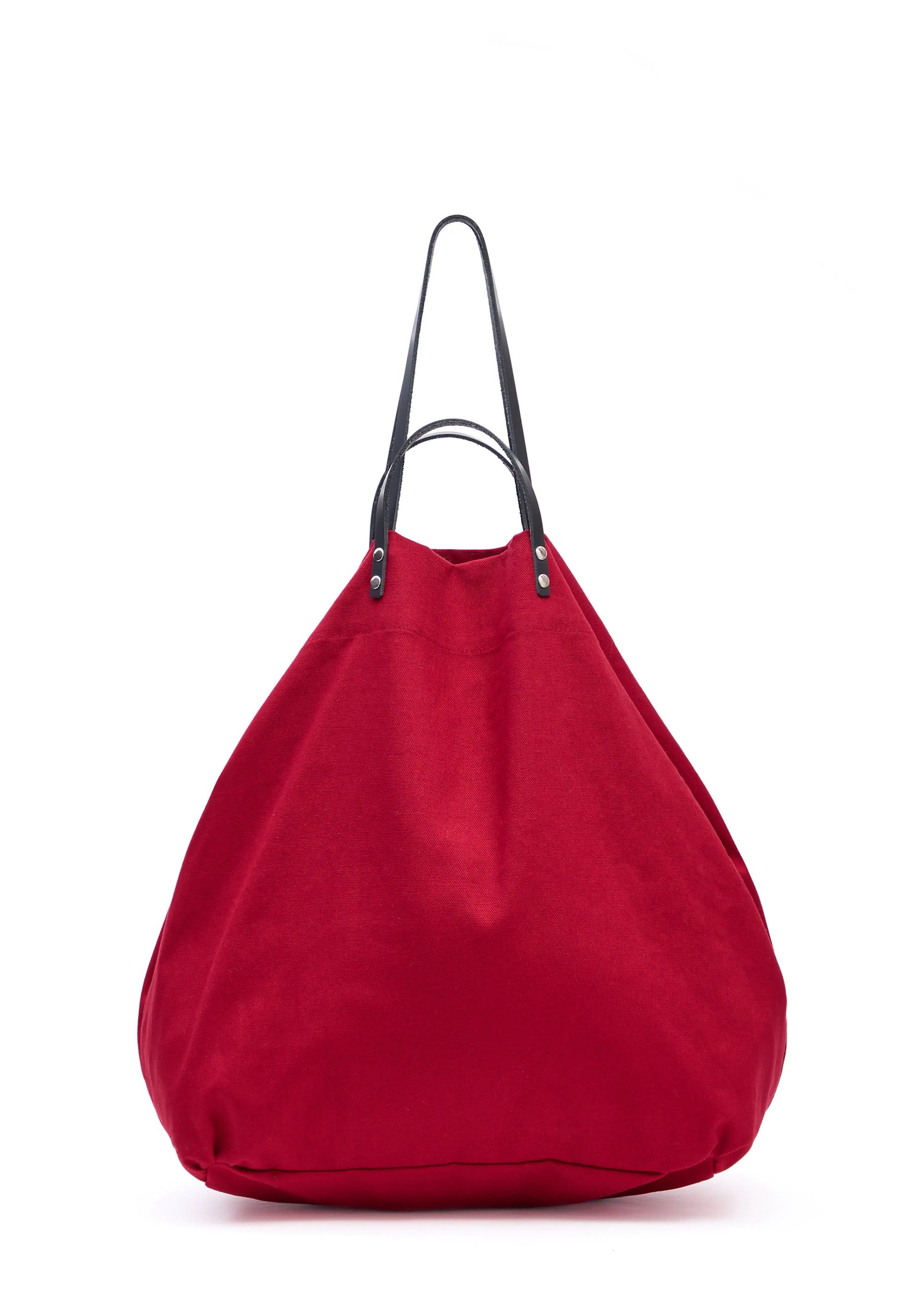 Back view of the Philini Red Shopper in bold cotton, featuring short and long calf leather handles with silver hardware and top button closure. Hand-made sustainable premium shopper for everyday use