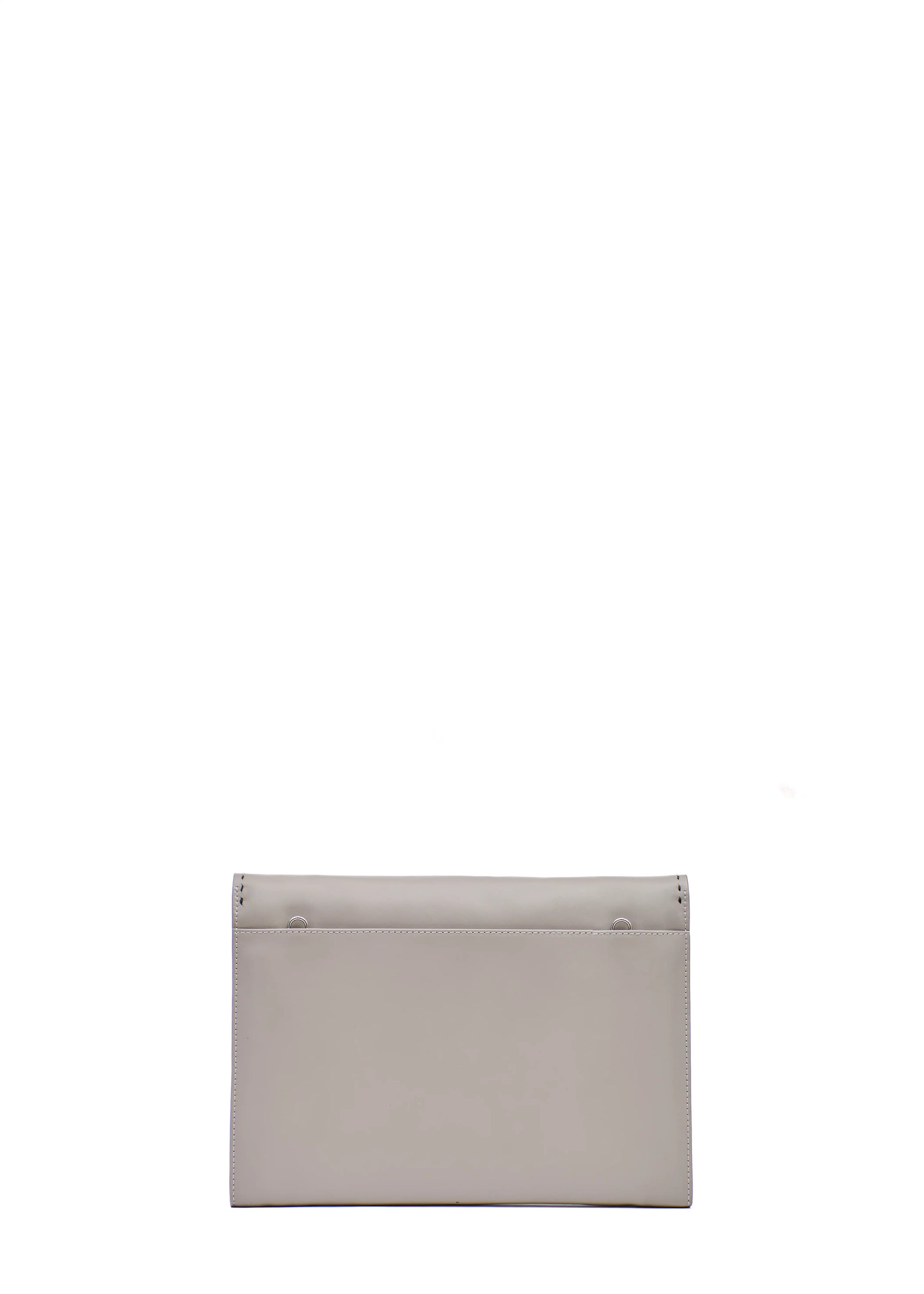 Back view of the Philini Valery Business Clutch in taupe aniline nappa leather, slim rectangular silhouette with large open back pocket and discreet silver hardware for strap. The handcrafted leather accessory for work essentials and professional style.