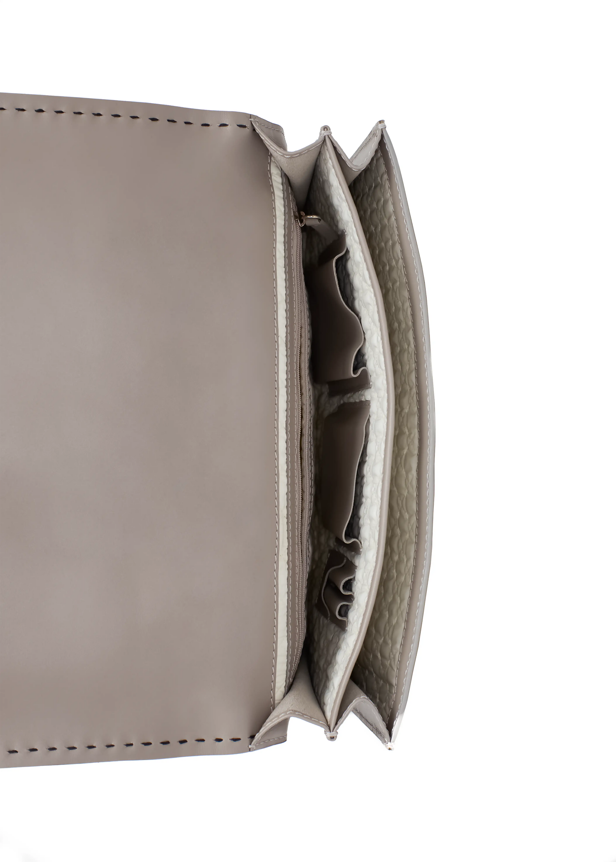 Inside front view of the Philini Valery Business Clutch in taupe aniline nappa leather, showing open flap with two compartments: one side with open pocket, phone pocket, pen holder; opposite side with zip pocket and leather trim. Structured leather organizer bag