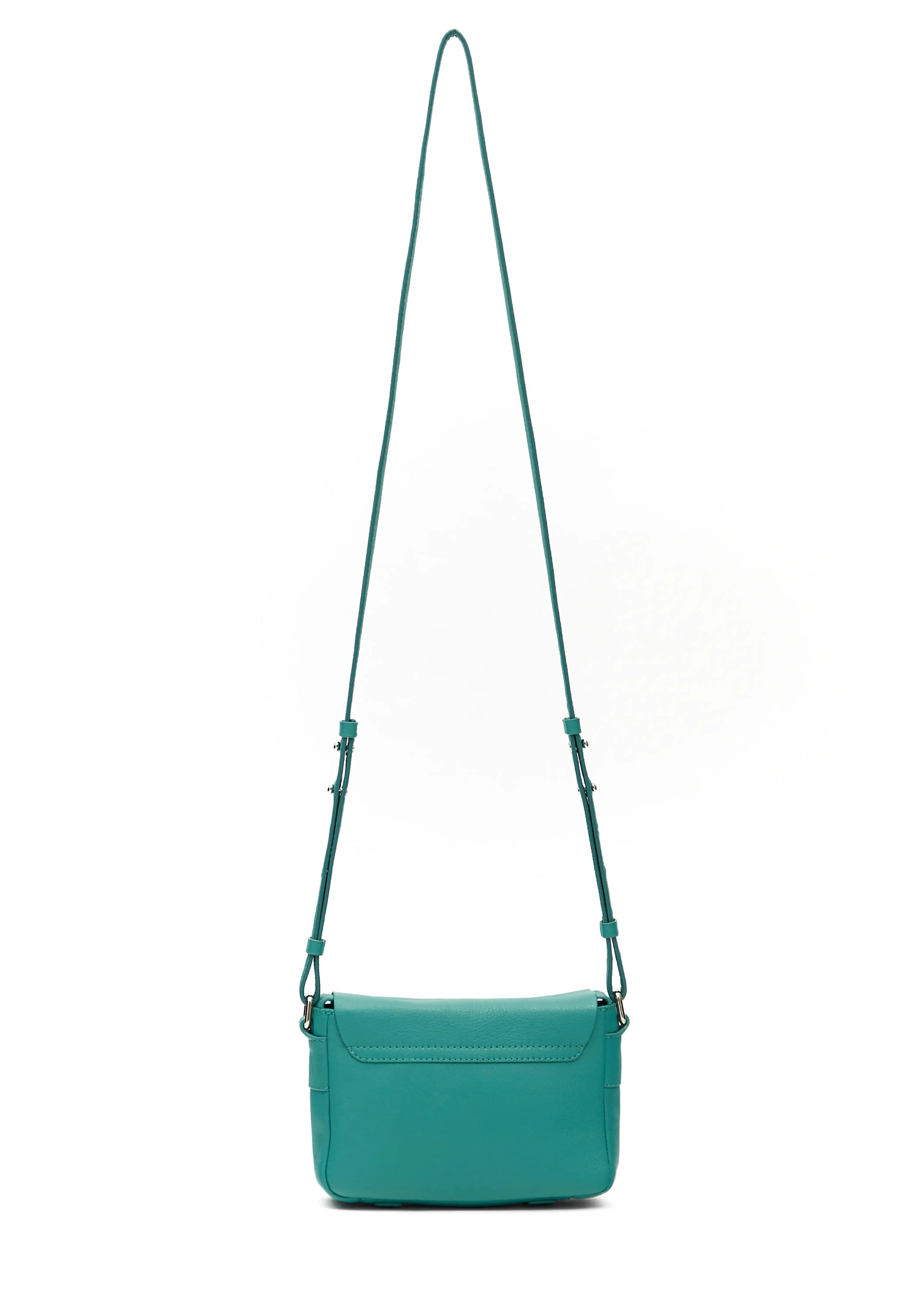 Back view of the Philini Whitney Mini Crossbody Bag in turquoise Nappa leather, showcasing the vertical rectangle shape, adjustable leather strap with silver hardware, and secure strap attachment. A handcrafted mini bag is a luxury leather crossbody.