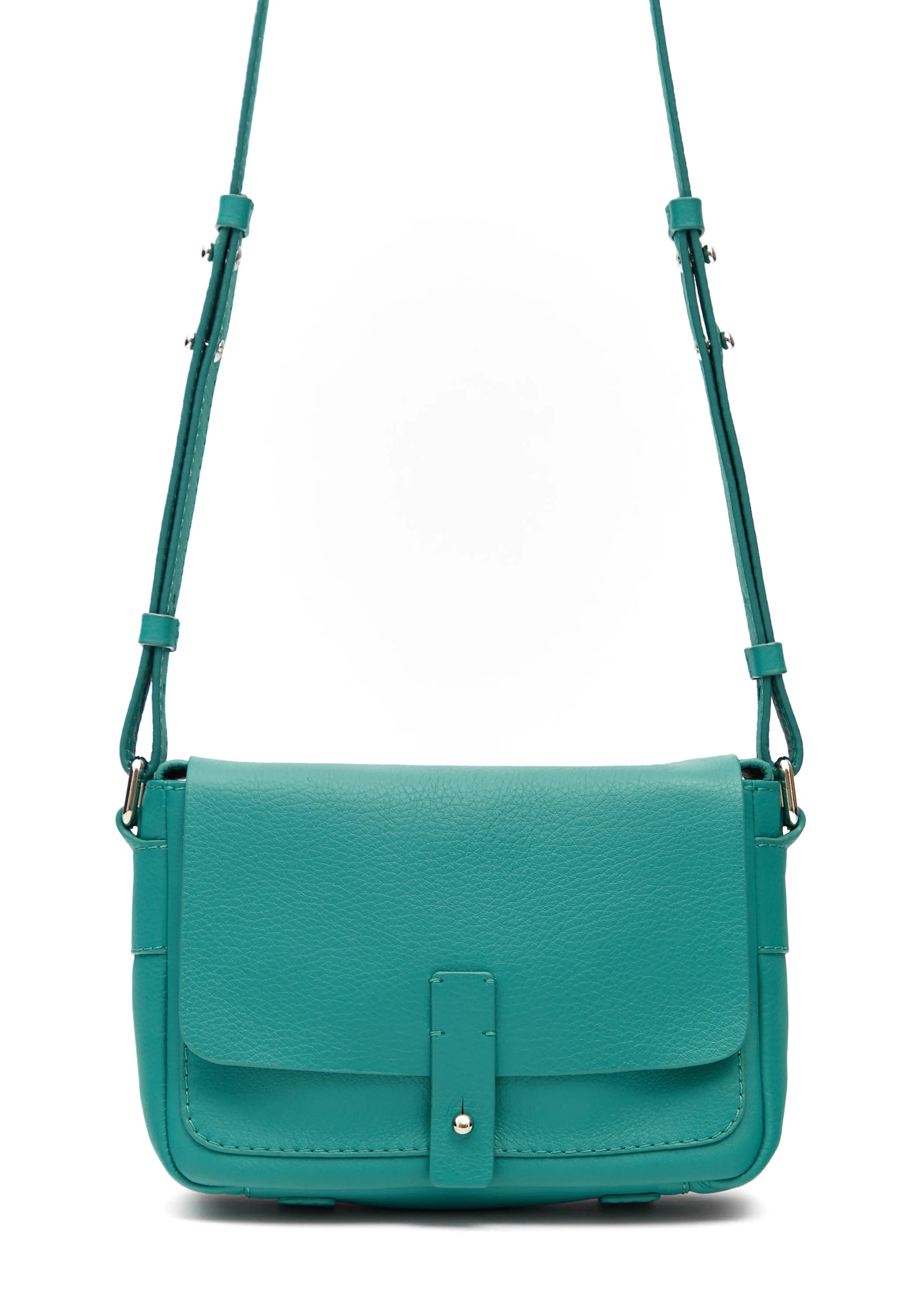 Close front view of the Philini Whitney Mini Crossbody Bag in turquoise nappa leather with silver cufflink closure and adjustable strap. A handcrafted mini designer handbag for elegant, everyday style