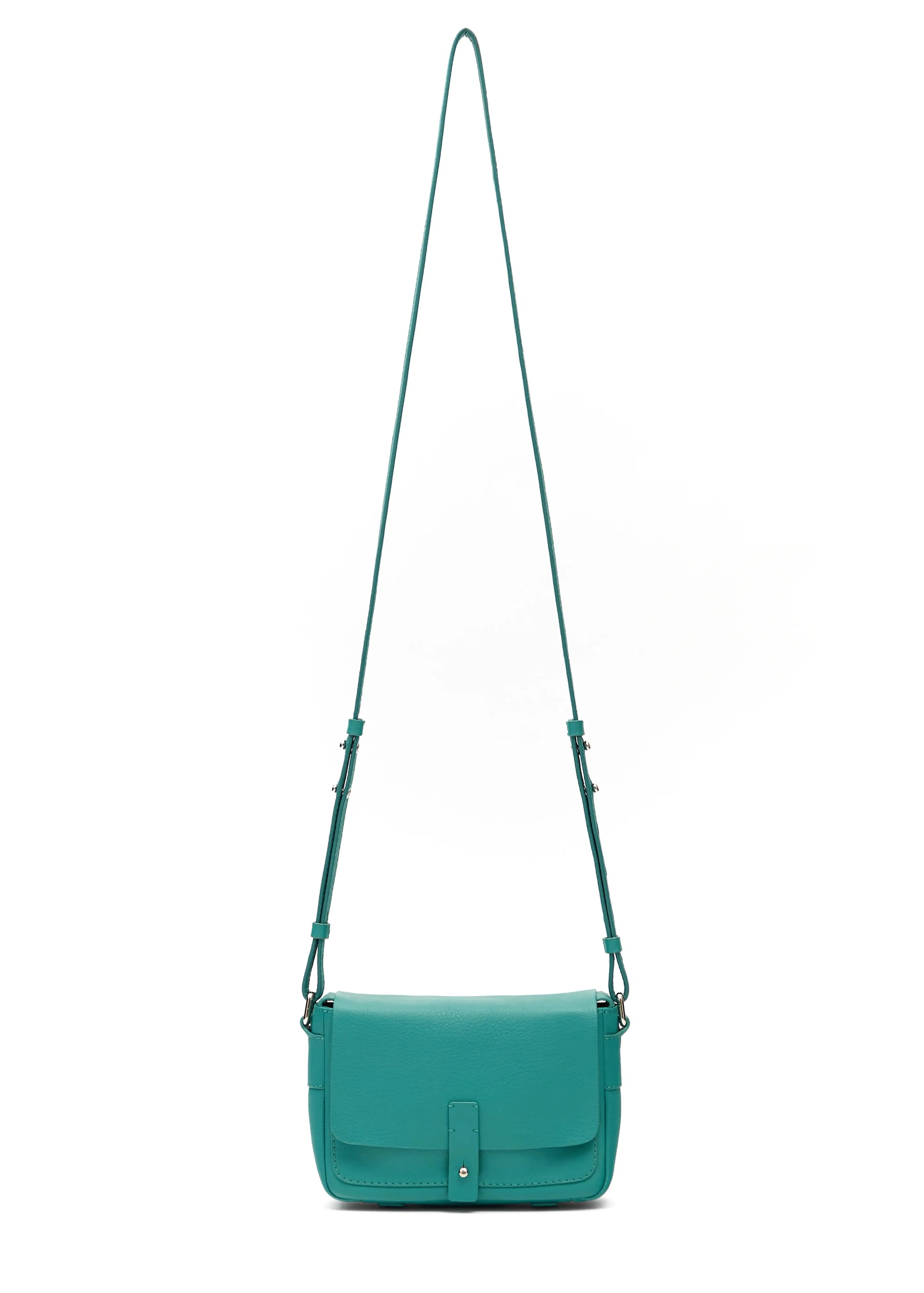 Front view of the Philini Whitney Turquoise Mini Crossbody Bag in nappa leather with adjustable strap and silver cufflink closure