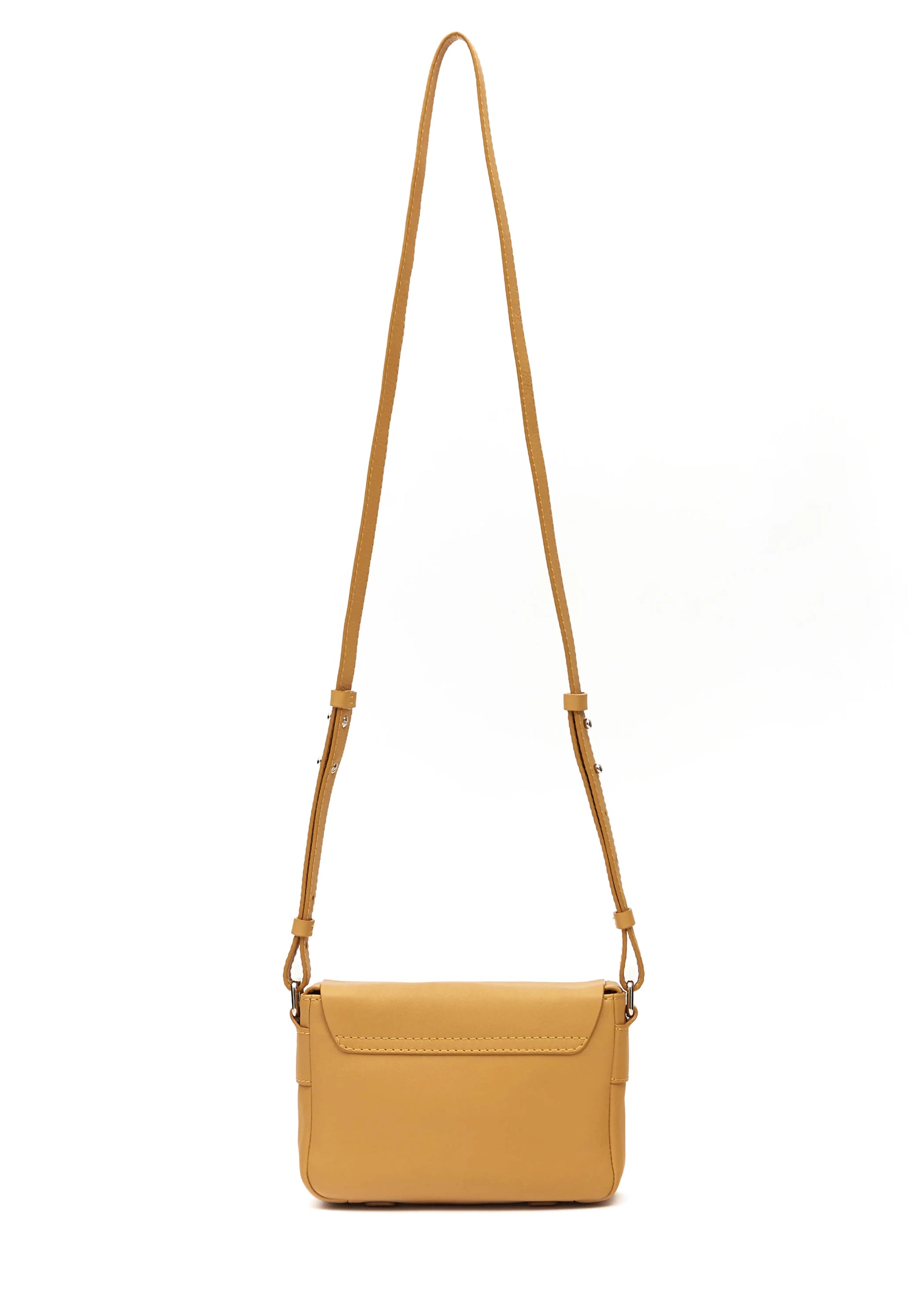 Back view of the Philini Whitney Mini Crossbody Bag in yellow nappa leather, featuring a vertical rectangle silhouette, adjustable leather strap with silver hardware attachment. A shoulder bag made of natural leather