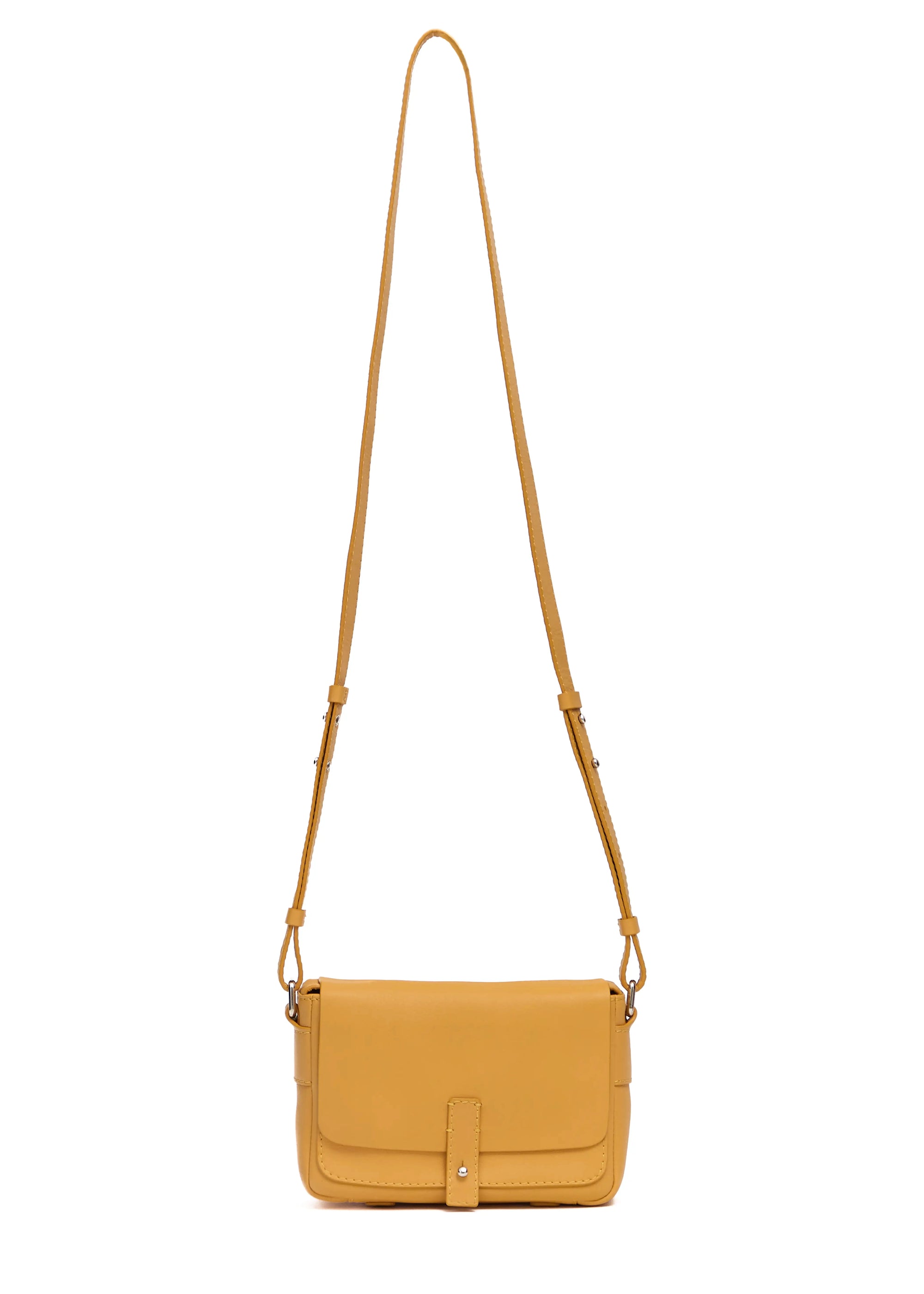 Front view of the Philini Whitney Yellow Mini Crossbody Bag in nappa leather with adjustable strap and silver cufflink closure