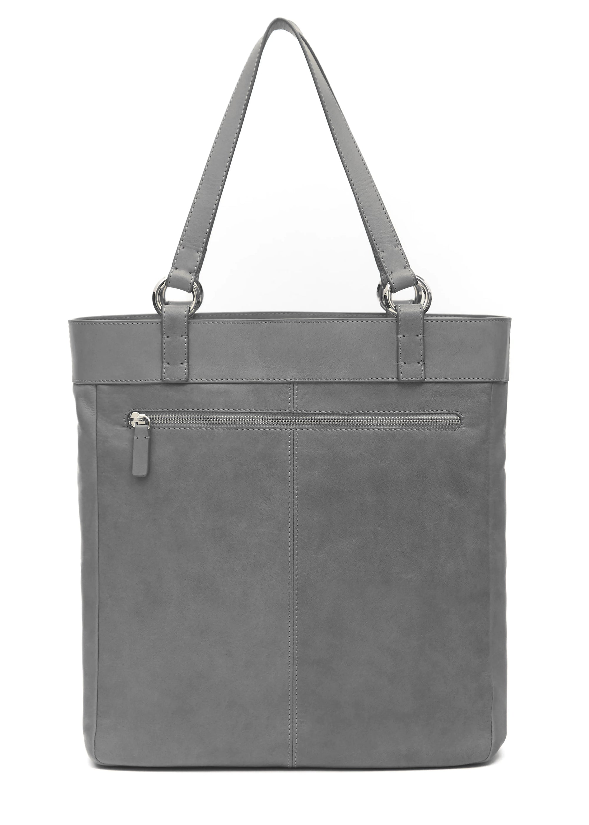 Back view of the Philini Elena Grey Tote Bag in smooth grey aniline leather, featuring a back zipper pocket, handles with silver hoops and hand stitches. The tote is a luxury accessory. 