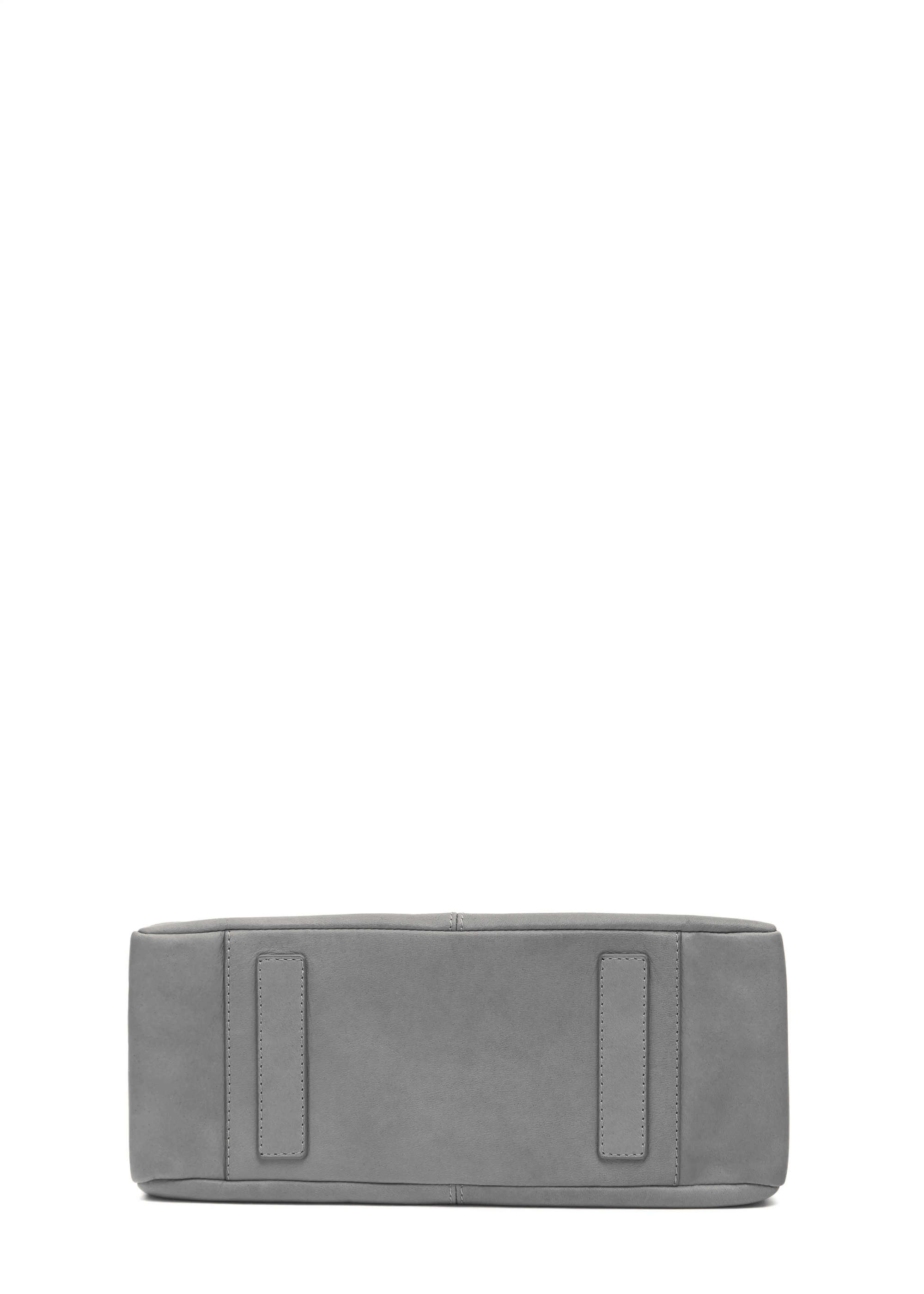 Bottom view of the Philini Elena Grey Tote Bag, showing two protective leather pads as bottom feet, crafted from premium aniline leather for durability and elegance