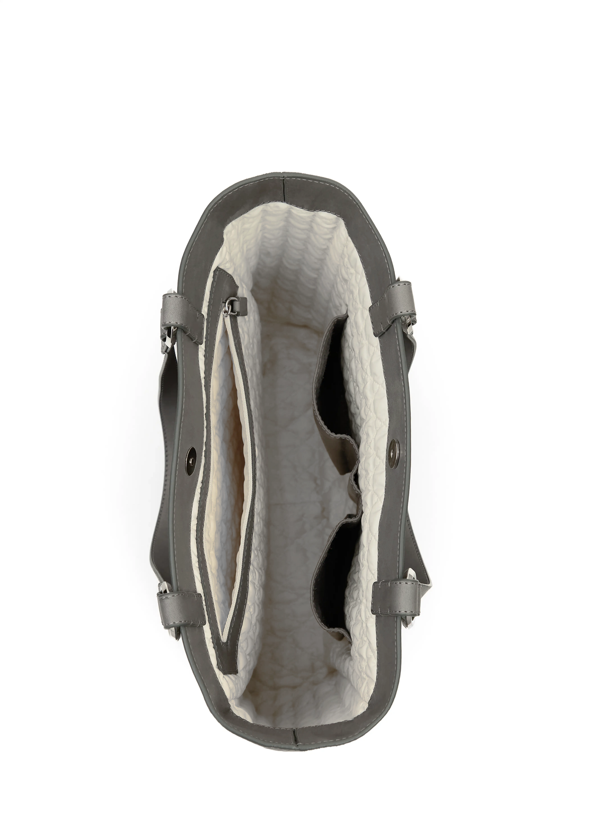 Inside view of the Philini Elena Grey Tote Bag, deep zipped pocket with vanilla lining and two leather compartments for mobile phones and pens, made of high-quality aniline leather