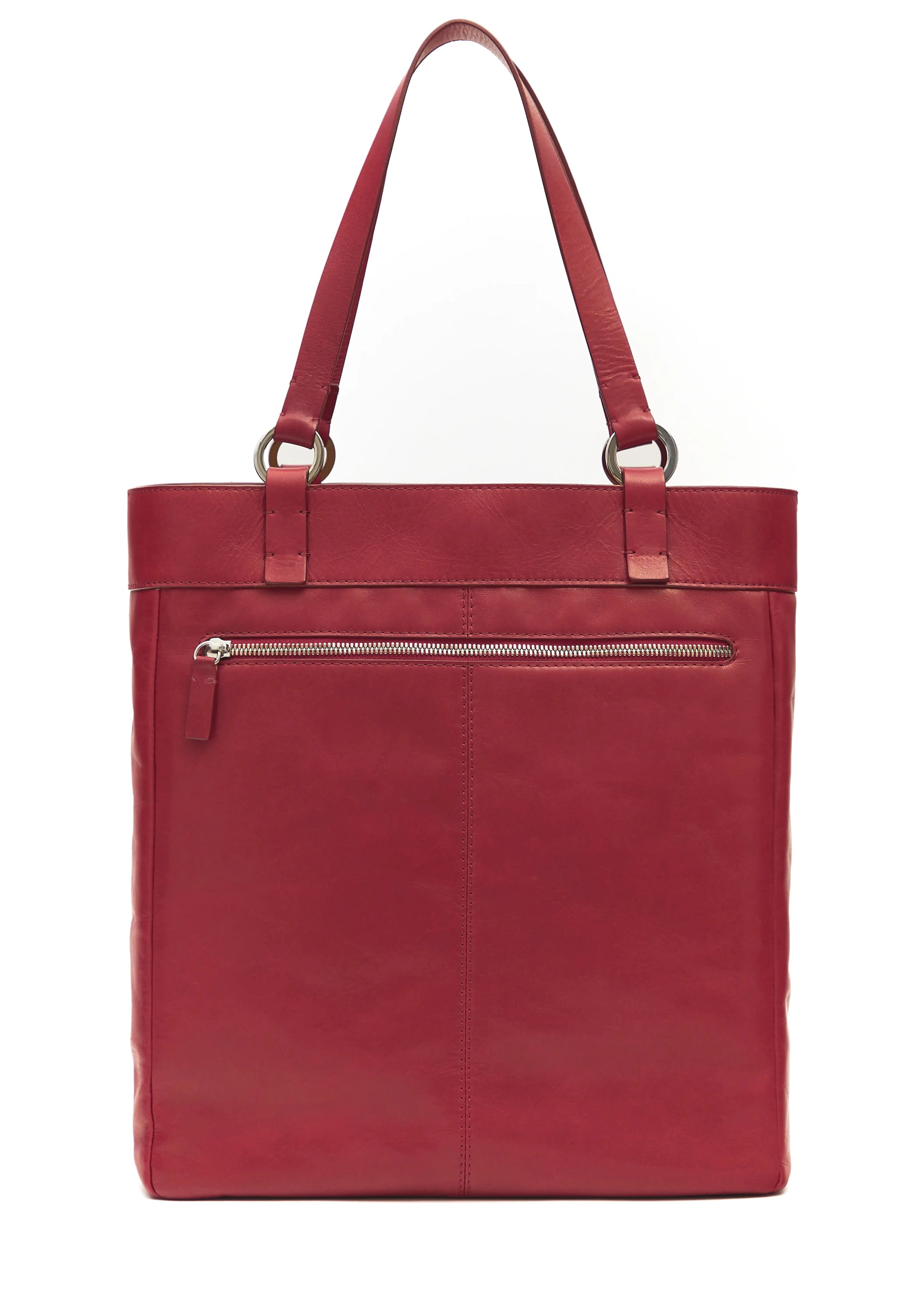 Back view of the Philini Elena Red Tote Bag in red aniline leather, highlighting its tote silhouette, zippered back compartment, and handles with silver hoop accents. This sustainable, handcrafted luxury leather handbag is a timeless accessory.