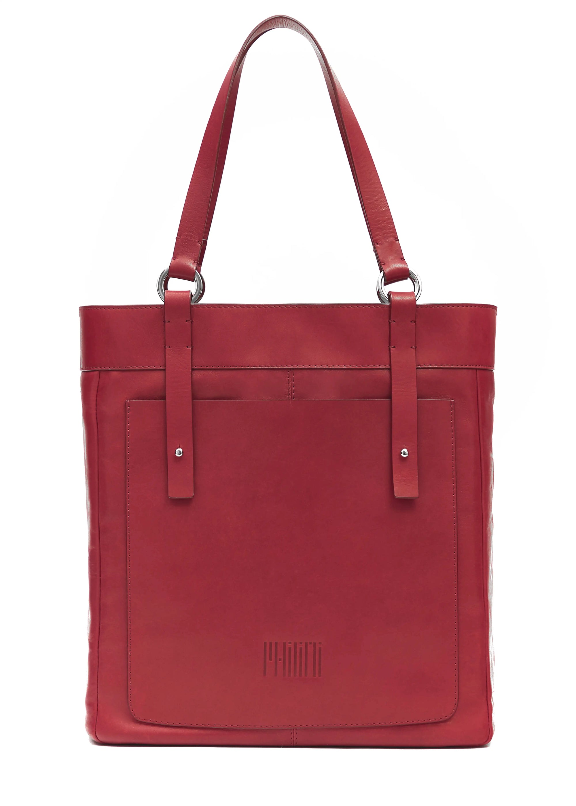 Front view of the Philini Elena Red Tote Bag crafted from red aniline leather, with leather exterior pocket, stamped logo and silver hoops as details on the handles. This eco-friendly accessory offers sophisticated style.