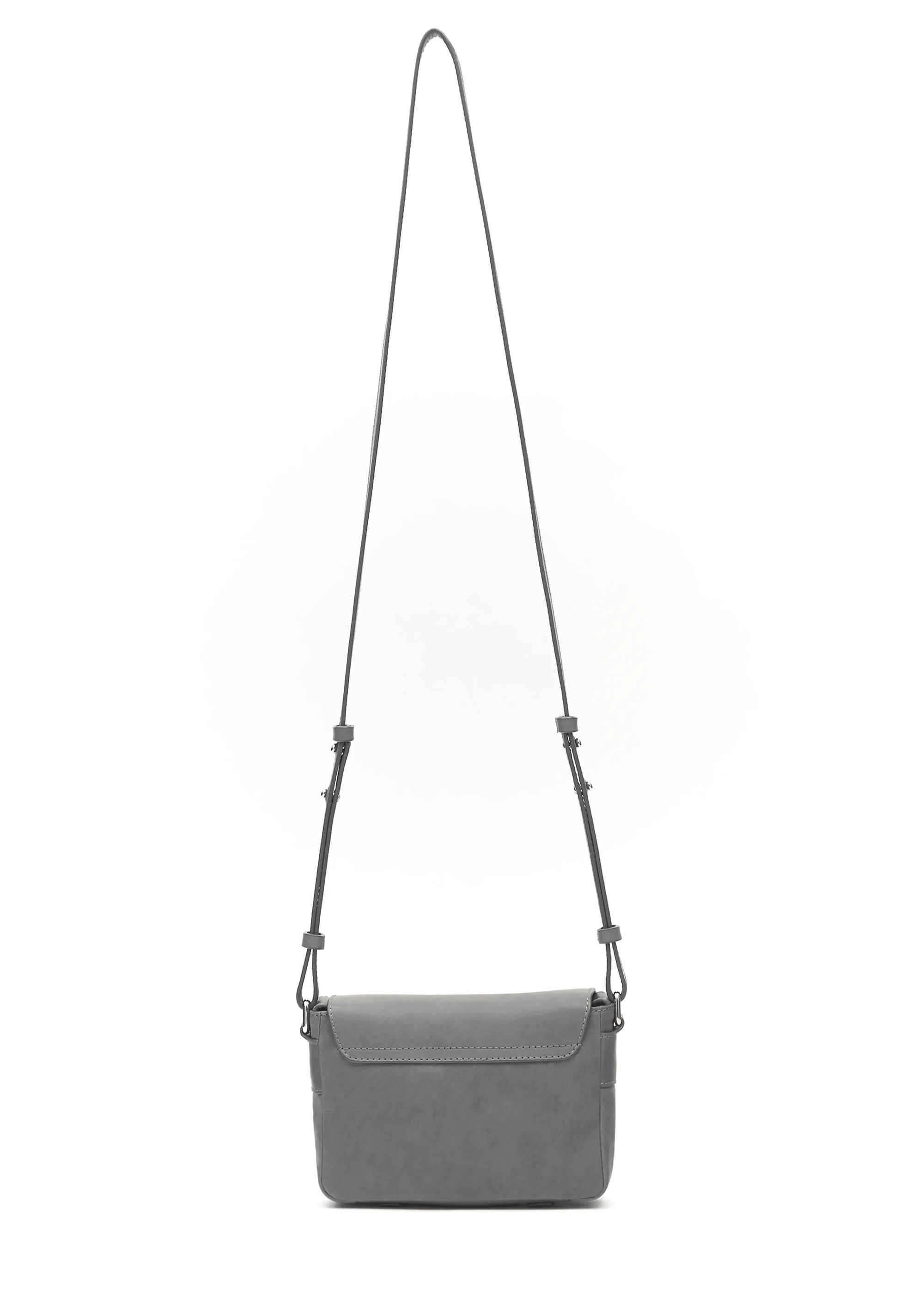 Back view of the grey Philini Whitney Mini Crossbody Bag in nappa leather, showing its rectangular shape, adjustable strap, and front flap attachment. A compact handcrafted bag for daily use and refined style