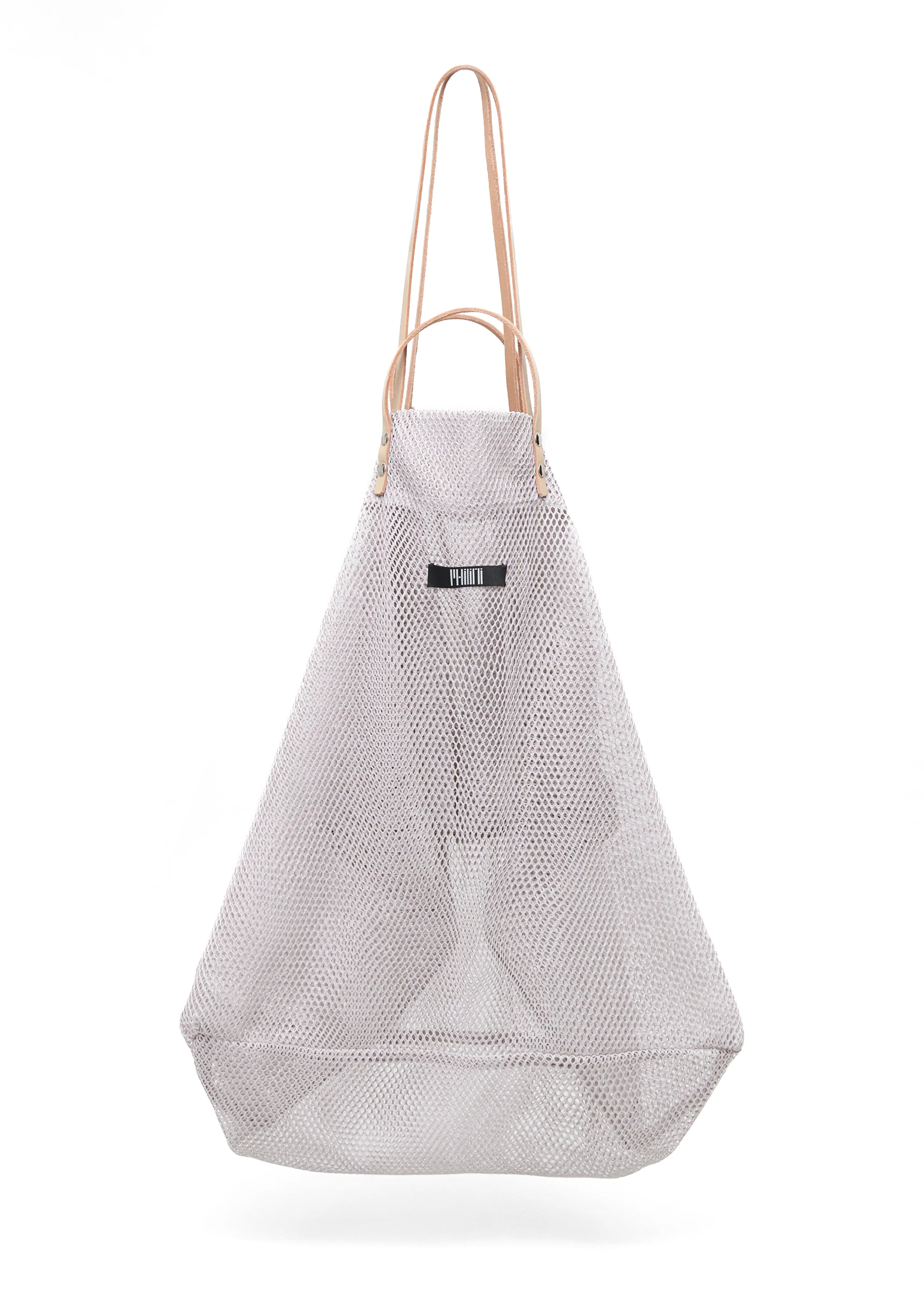Front view of the Philini Mesh Shopper in soft transparent mesh, featuring short and long calf leather handles, softly structured silhouette, and sewn fabric logo. Lightweight designer shopper bag