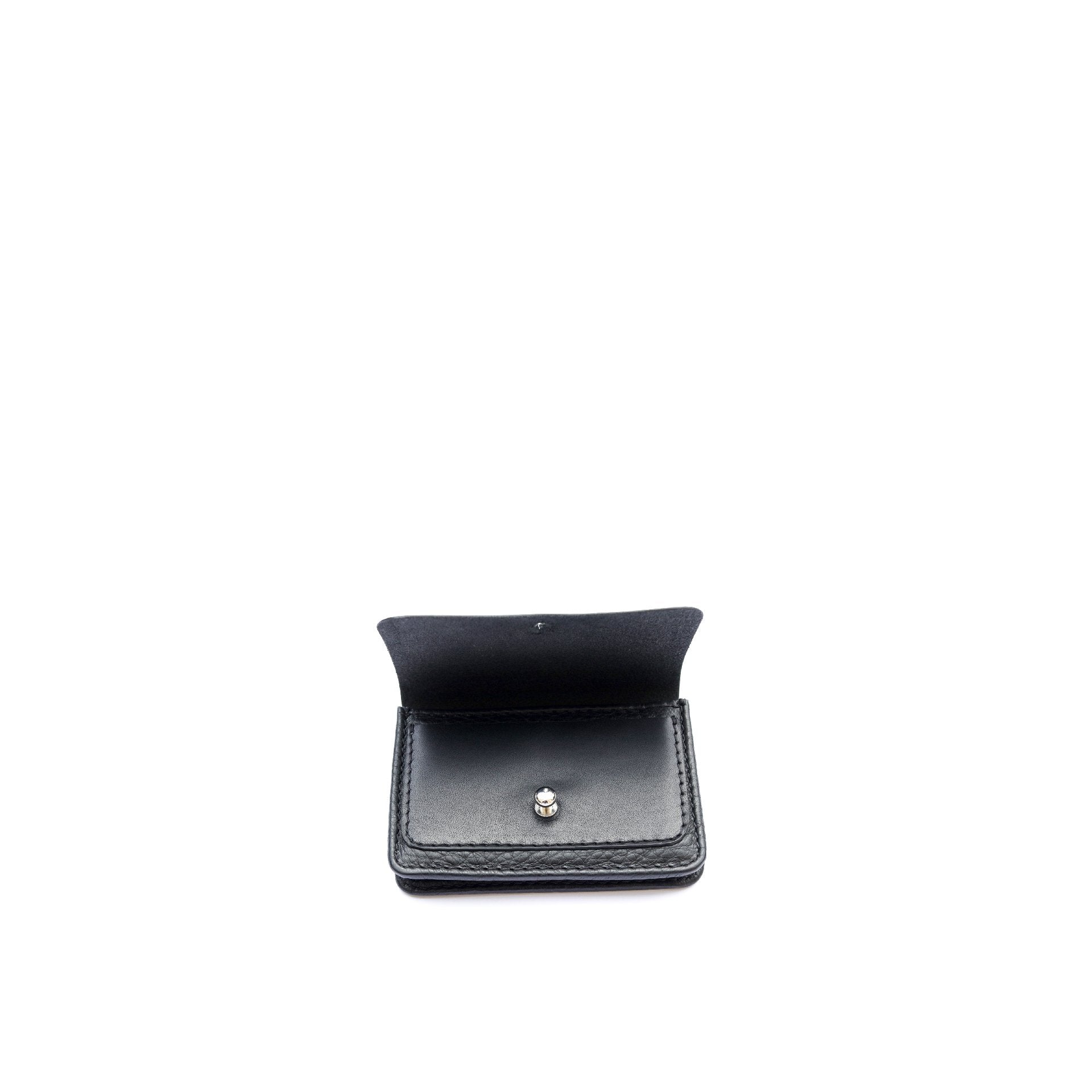 Front-up view of the Philini Lea Black Business Card Holder with the flap open, showing a silver cufflink closure and small exterior pocket. Crafted from natural leather, this minimalist cardholder is handcrafted leather business accessory 