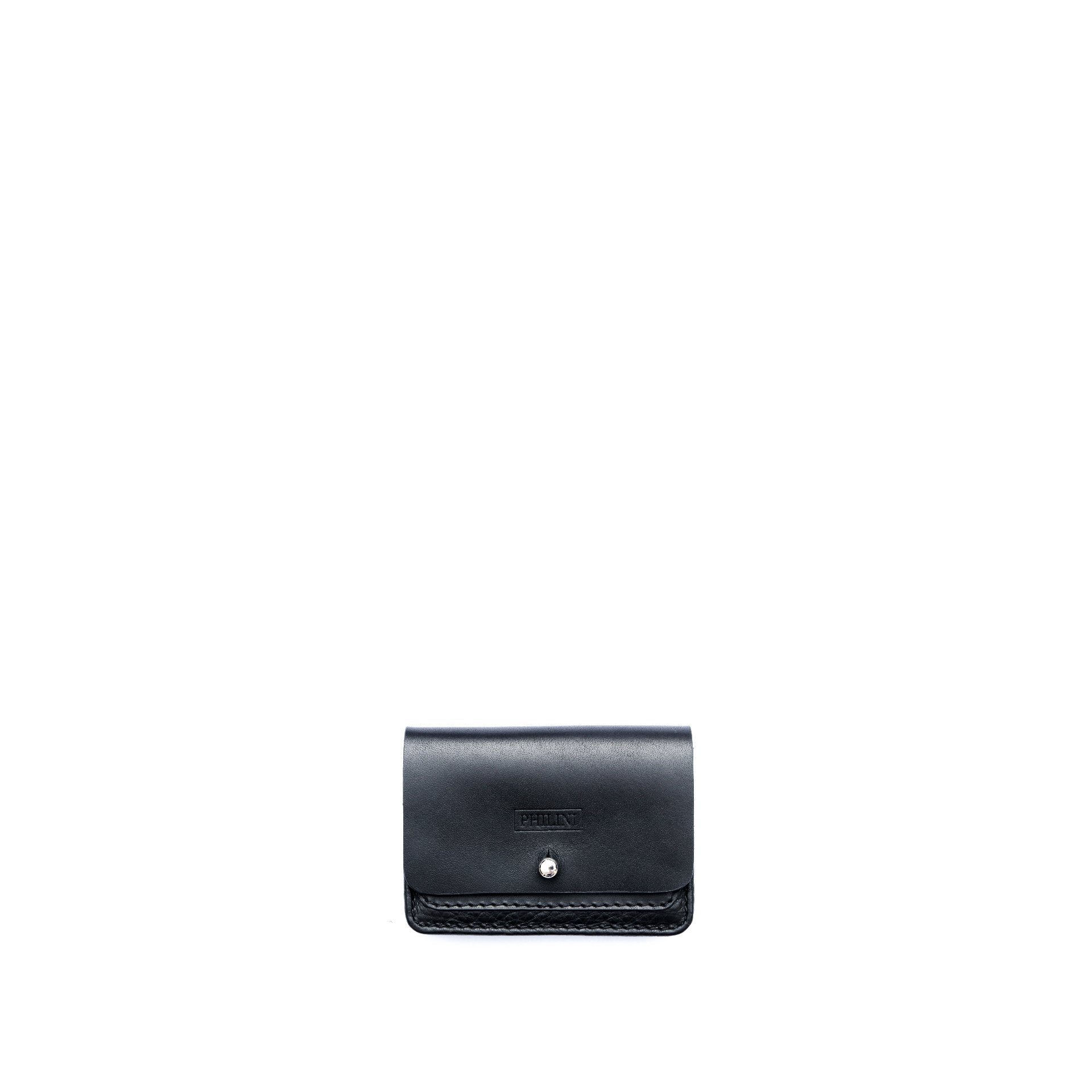 Detailed front close-up of the Philini Lea Black Business Card Holder with an embossed logo.